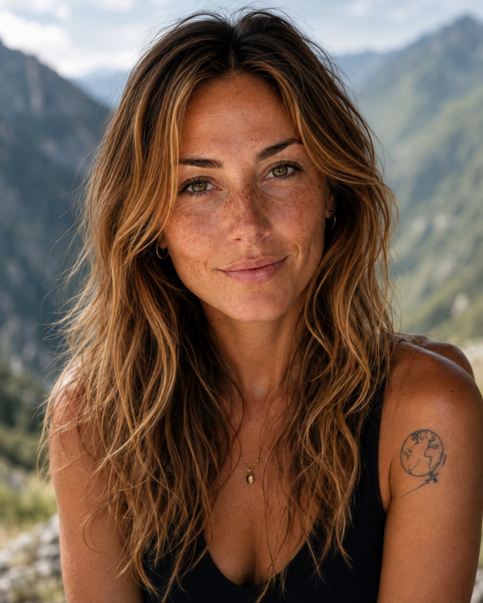 Retrato natural de Zoe en la montaña, con pecas y el pelo suelto