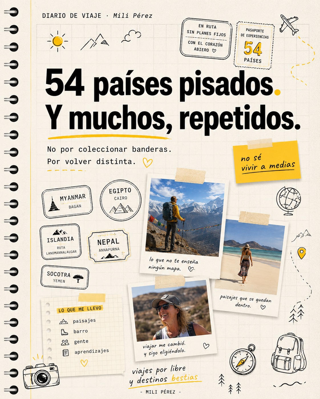 Diario visual «54 países pisados» generado con IA, con sellos de países y fotos de aventura de Mili Pérez.
