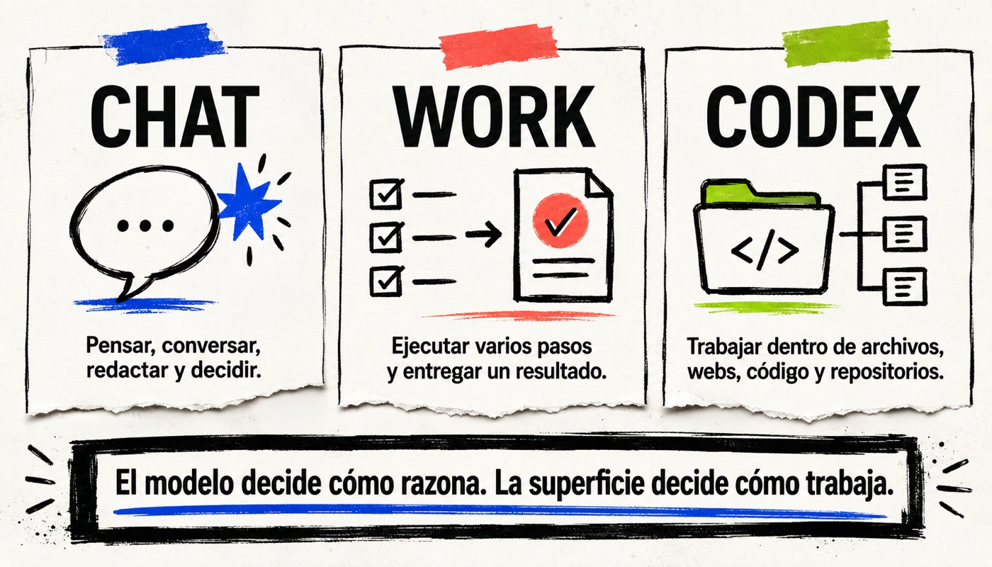 Chat, Work y Codex comparados: Chat para pensar y conversar, Work para ejecutar varios pasos y entregar un resultado, y Codex para trabajar dentro de archivos, webs, código y repositorios.