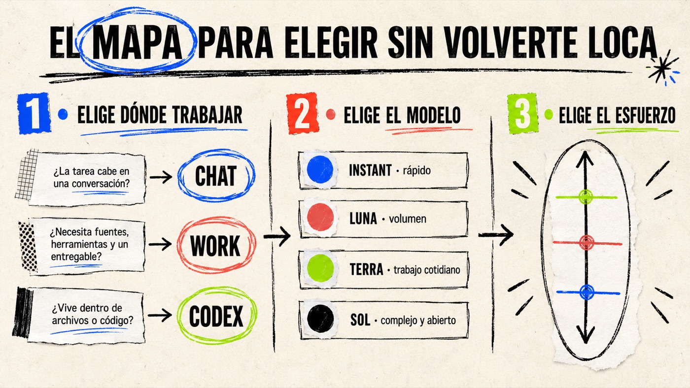 El mapa para elegir en ChatGPT: primero eliges la superficie (Chat, Work o Codex), después el modelo (Instant, Luna, Terra o Sol) y por último el nivel de esfuerzo de razonamiento.