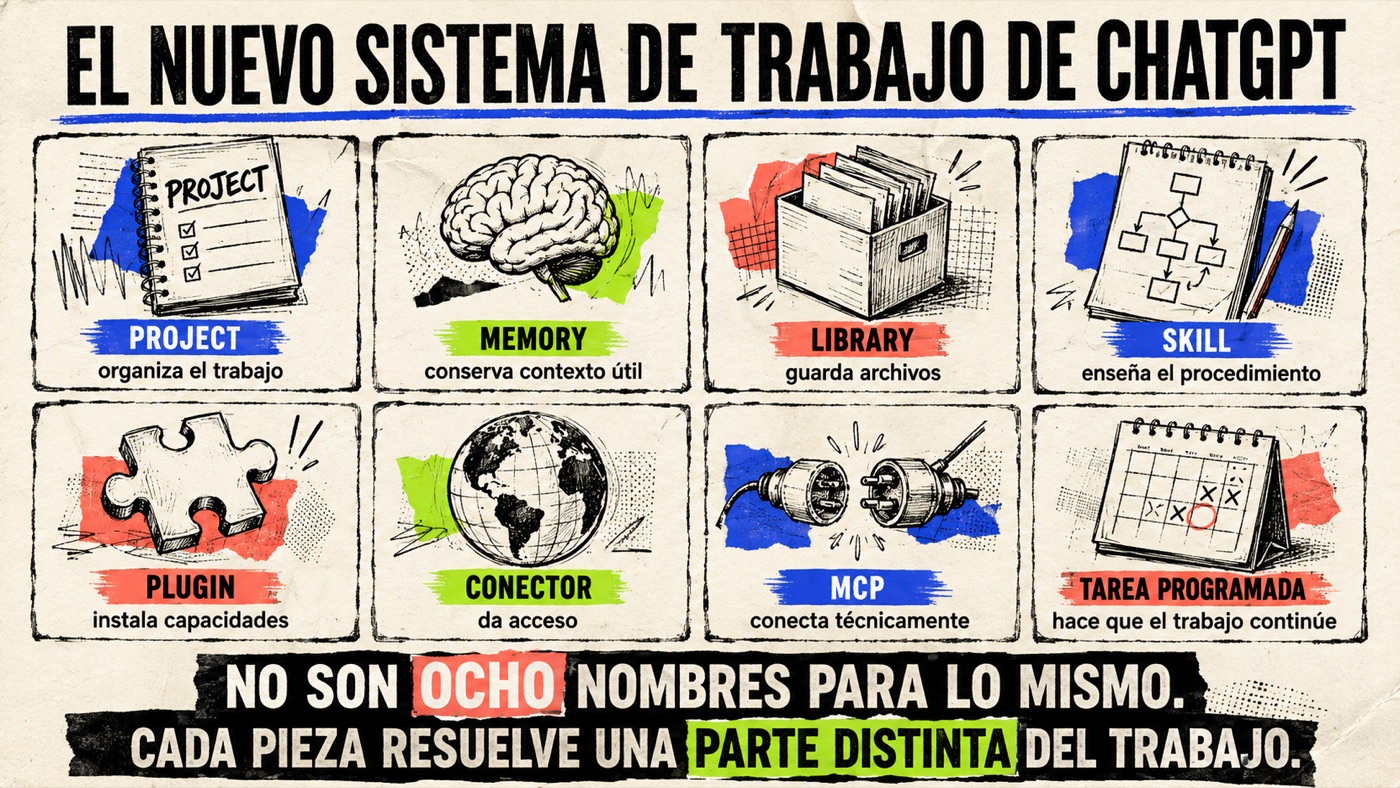 El nuevo sistema de trabajo de ChatGPT: Projects, Memory, Library, Skills, Plugins, conectores, MCP y tareas programadas — ocho piezas distintas que se coordinan entre sí.