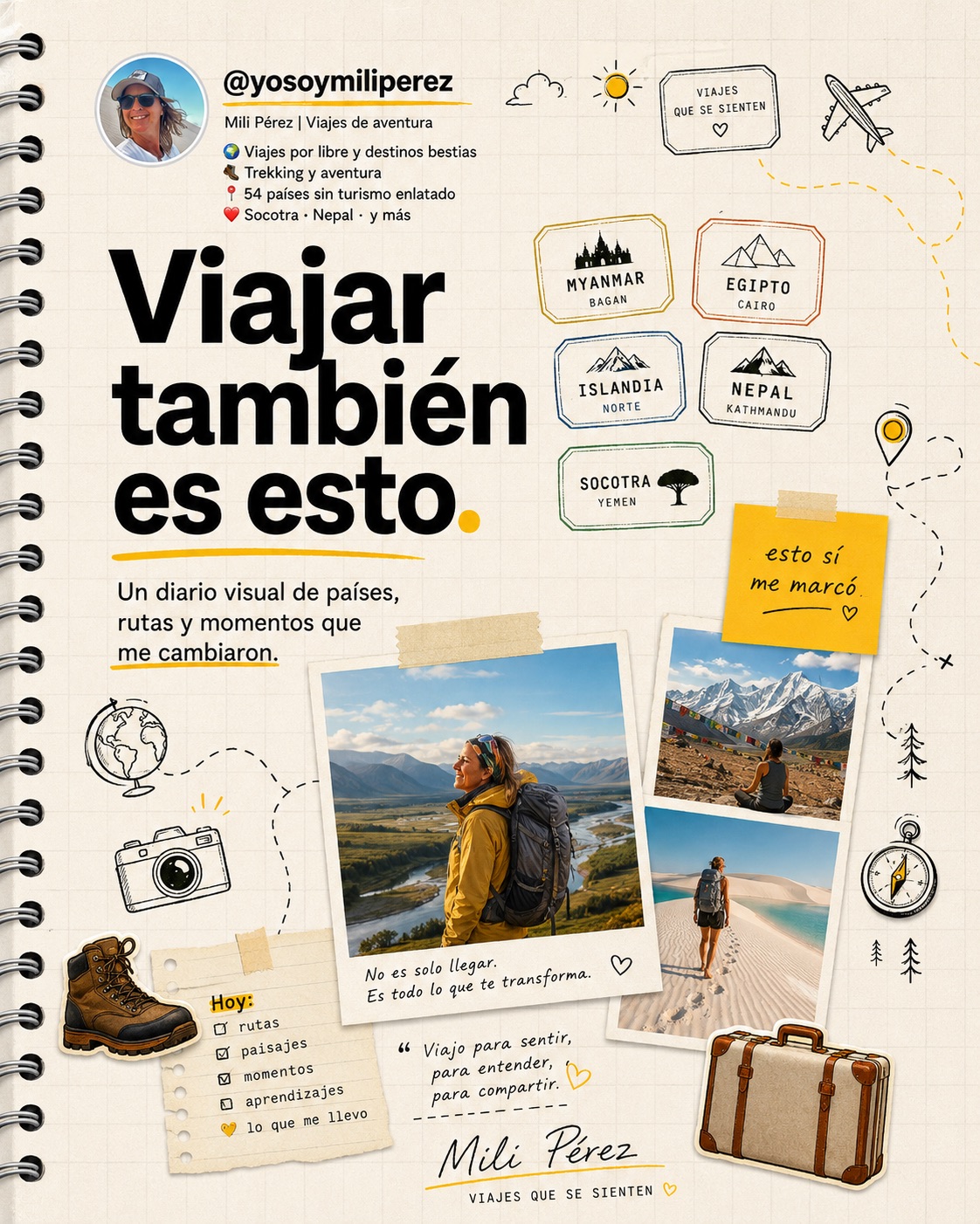 Diario visual de viajes de Mili Pérez generado con IA: portada «Viajar también es esto» con sellos de Myanmar, Egipto, Islandia, Nepal y Socotra y fotos de trekking.