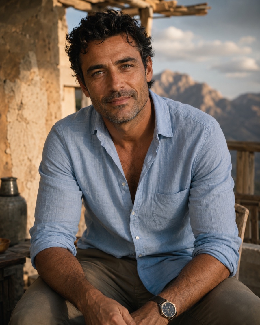 Retrato generado con IA del candidato ideal según el perfil de Mili. Hombre moreno, entre 47 y 52 años, camisa azul de lino, entorno mediterráneo con montañas al fondo. Personaje ficticio; no representa a ninguna persona real.