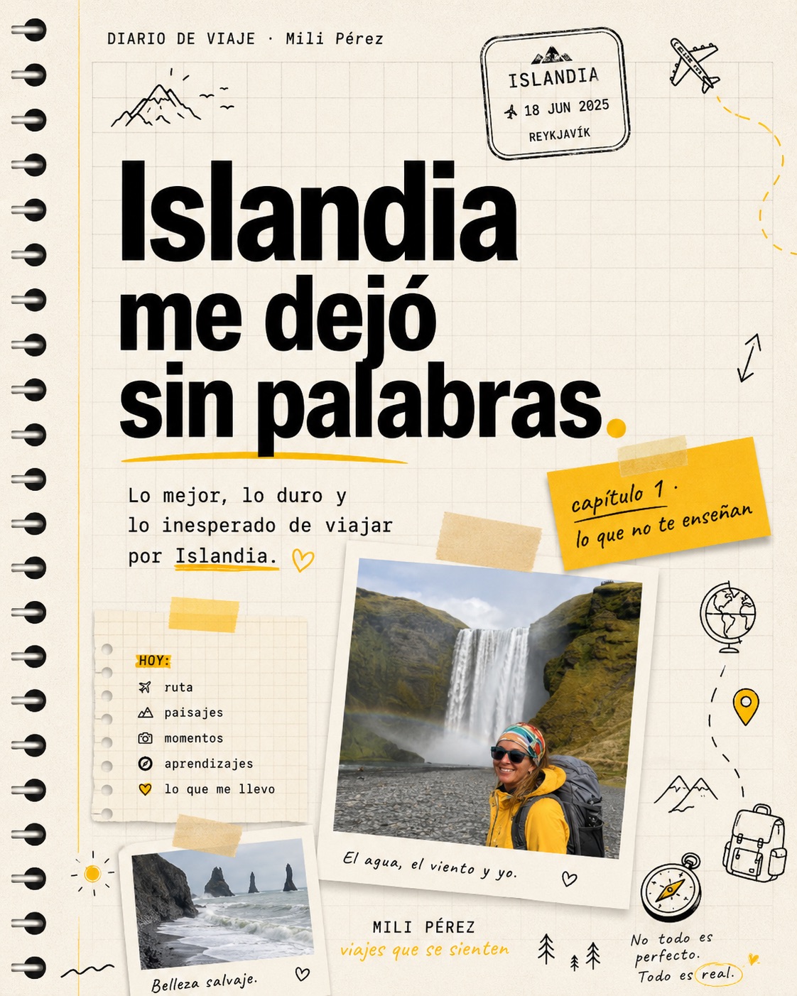Página de diario de viaje de Islandia generada con IA: «Islandia me dejó sin palabras», con una foto junto a la cascada de Skógafoss.