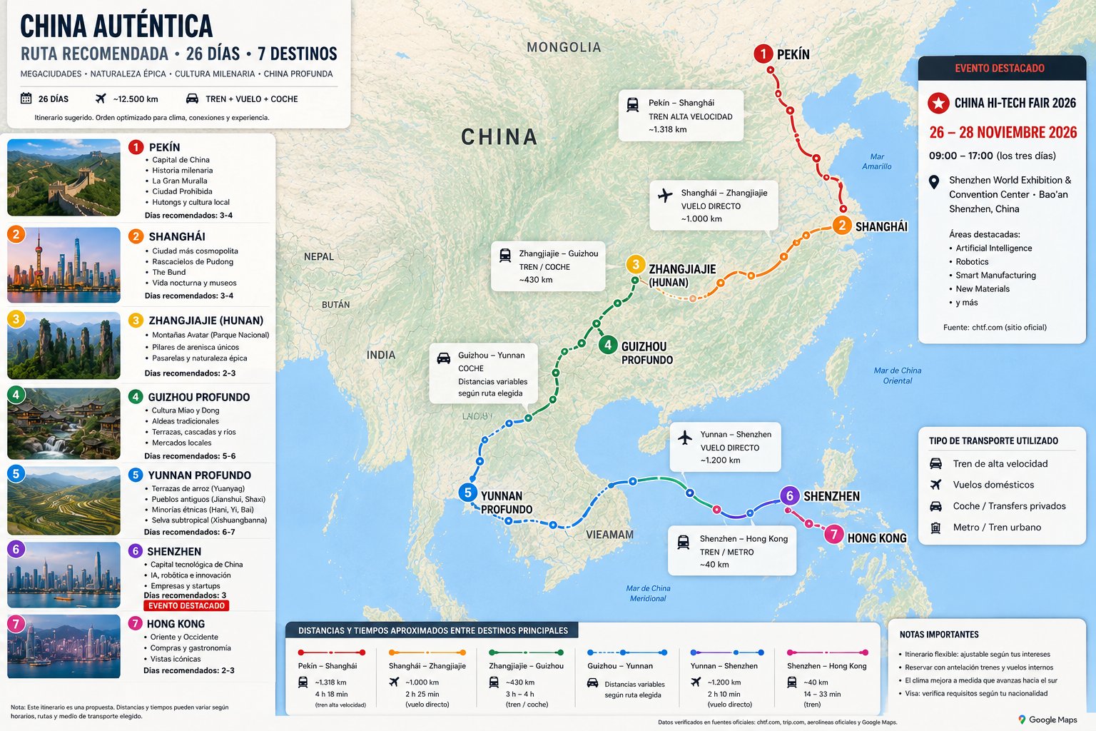 Mapa de la ruta por China en 26 días —Pekín, Shanghái, Zhangjiajie, Guizhou, Yunnan, Shenzhen y Hong Kong— con distancias, transportes y la China Hi-Tech Fair 2026 (26–28 de noviembre) marcada como evento destacado.
