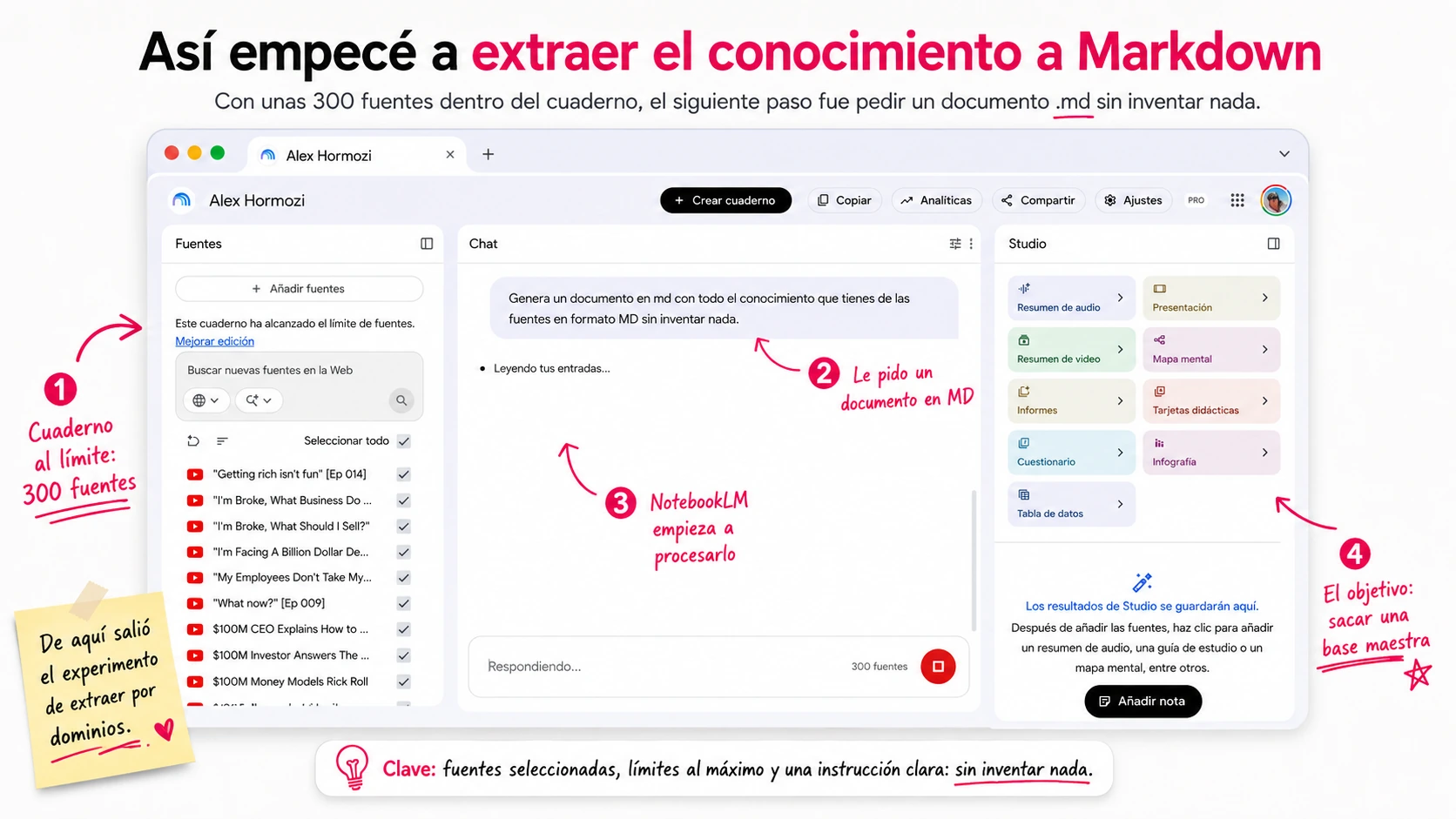 Pedir a NotebookLM un documento Markdown con el conocimiento de unas 300 fuentes