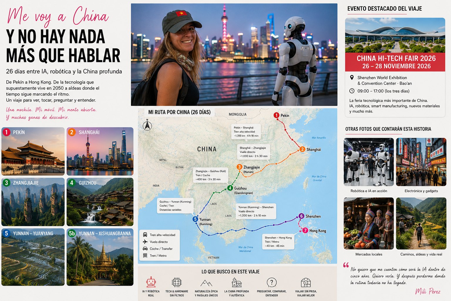Resumen visual del viaje a China de Mili Pérez: título, ruta de 26 días con las 7 paradas, la China Hi-Tech Fair (26–28 noviembre 2026) y lo que busca en el viaje — IA y robótica, hardware, naturaleza y la China auténtica.