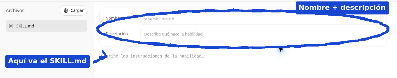 Editor de una habilidad de ChatGPT: a la izquierda el archivo SKILL.md, en el centro los campos Nombre y Descripción rodeados en azul y el cuerpo para escribir las instrucciones de la habilidad.