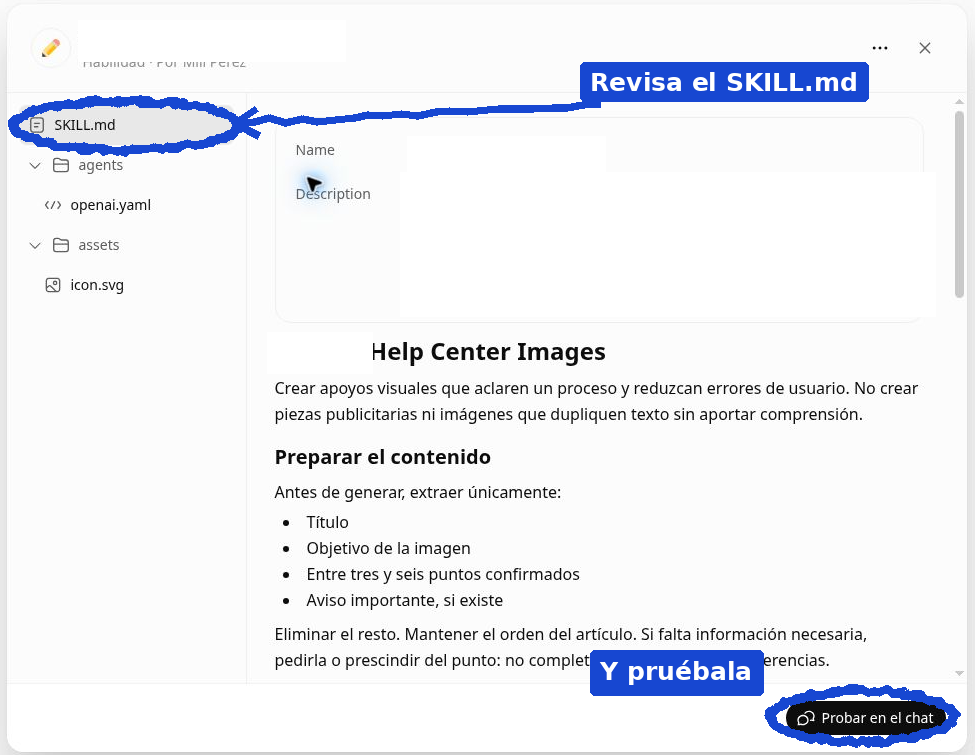 Habilidad «Help Center Images» ya creada en ChatGPT: el panel muestra el SKILL.md con las secciones Preparar el contenido, y una anotación azul «Y pruébala» señalando el botón Probar en el chat.