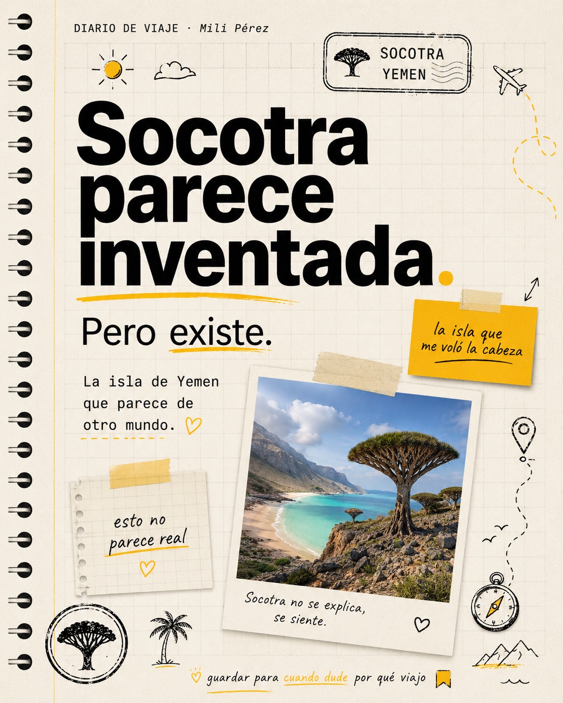 Diario de viaje de Socotra (Yemen) generado con IA: árbol de sangre de dragón y el texto «Socotra parece inventada. Pero existe».