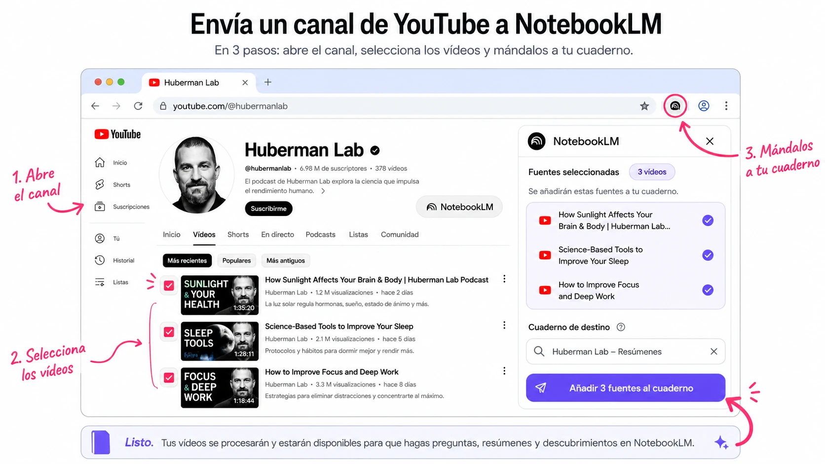 Seleccionar vídeos de un canal de YouTube para enviarlos a NotebookLM