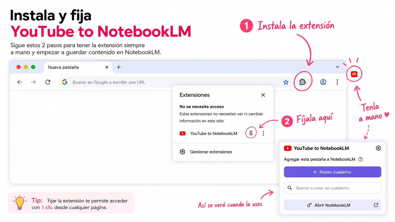 Instalar y fijar la extensión YouTube to NotebookLM en Chrome