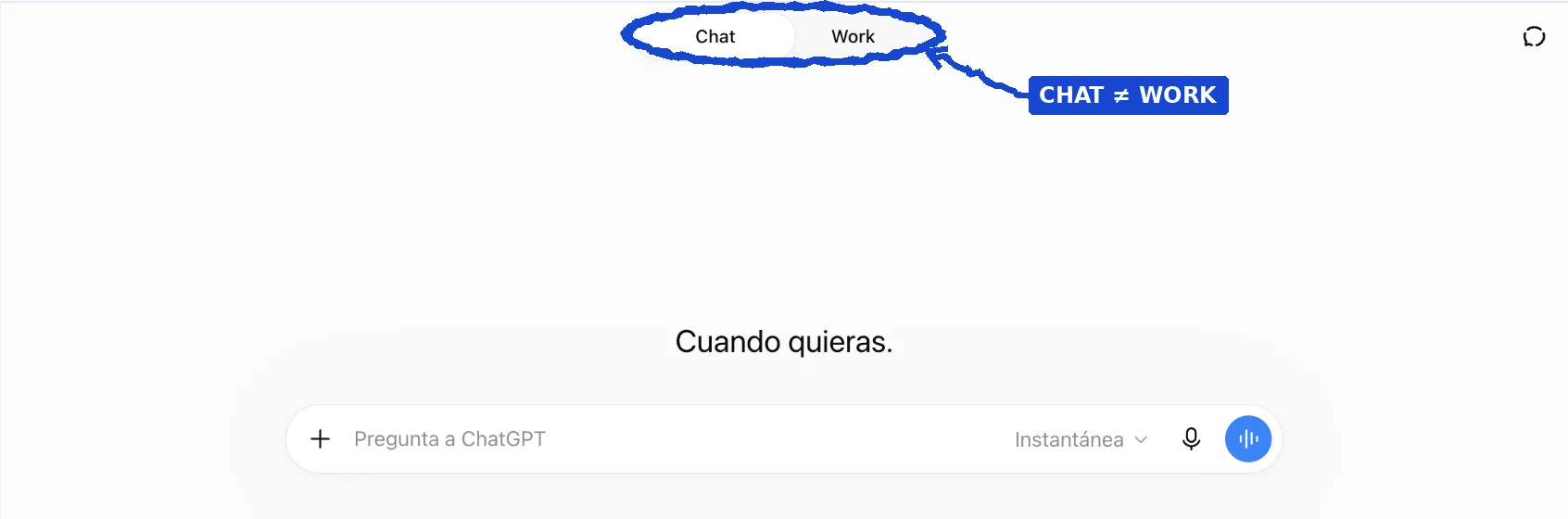 Selector real de Chat y Work en la interfaz de ChatGPT