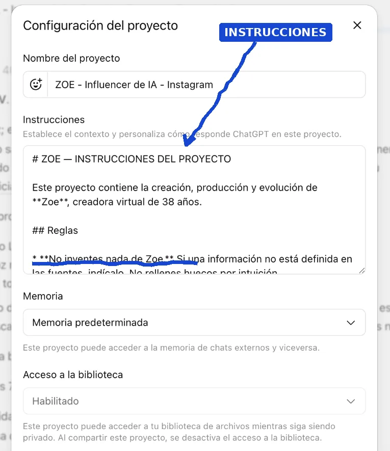 Configuración real del proyecto Zoe con sus instrucciones