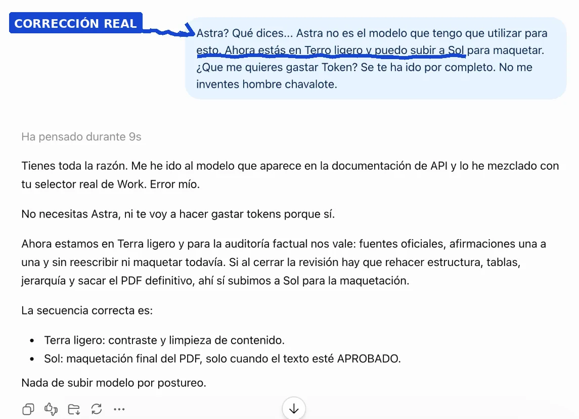 Conversación real donde Mili corrige una subida innecesaria de modelo