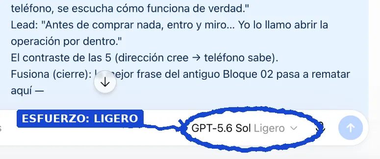 Selección real de GPT-5.6 Sol con esfuerzo ligero