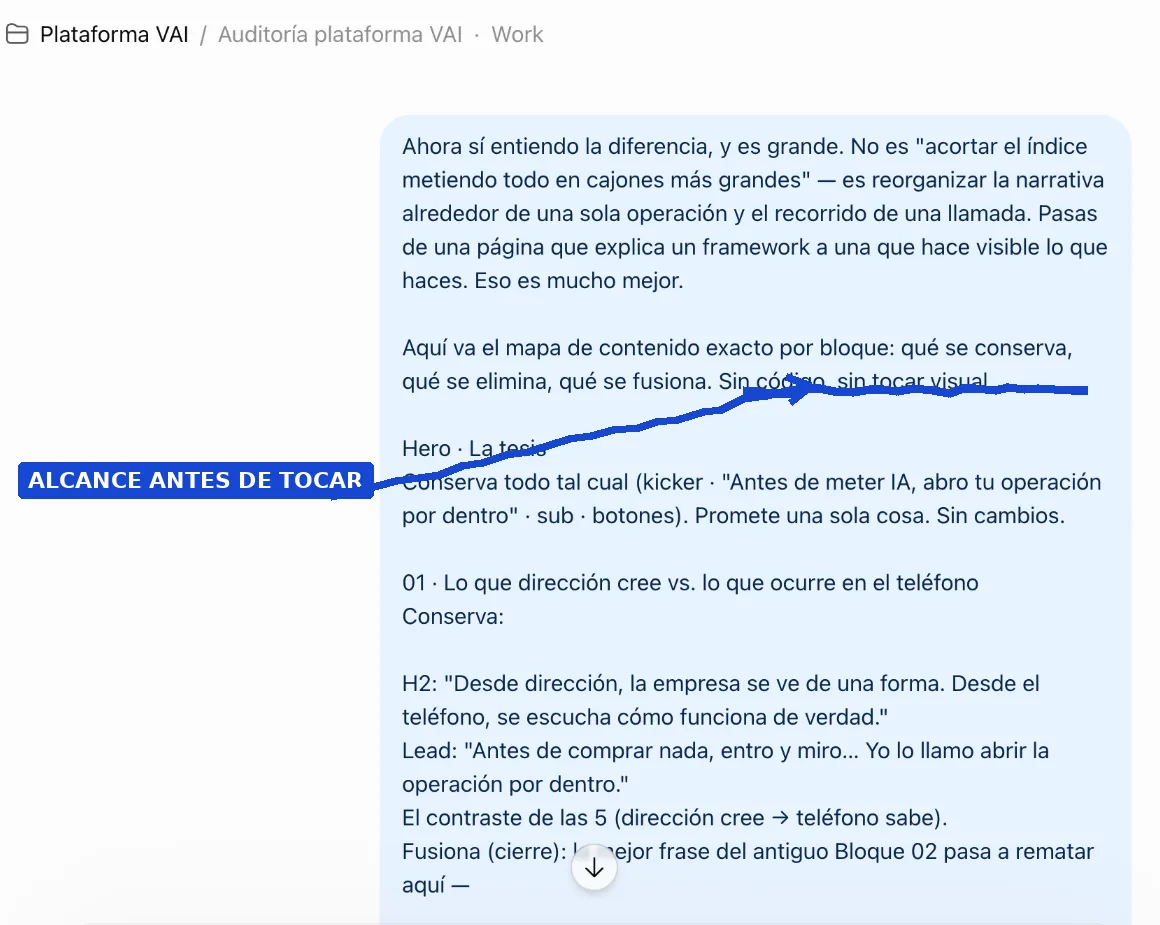 Conversación real que delimita una auditoría sin código ni cambios visuales