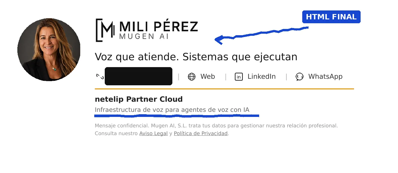 Firma de correo de Mili Pérez renderizada desde el HTML final con el teléfono oculto