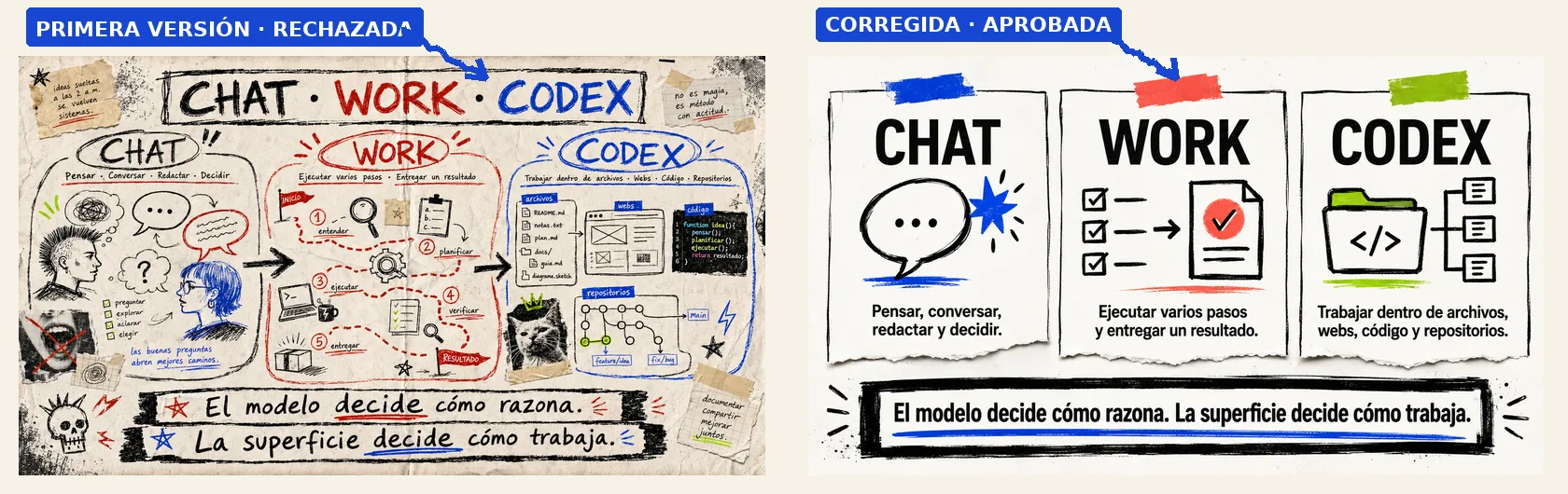 Comparación entre la primera versión rechazada y la versión aprobada del visual sobre Chat, Work y Codex