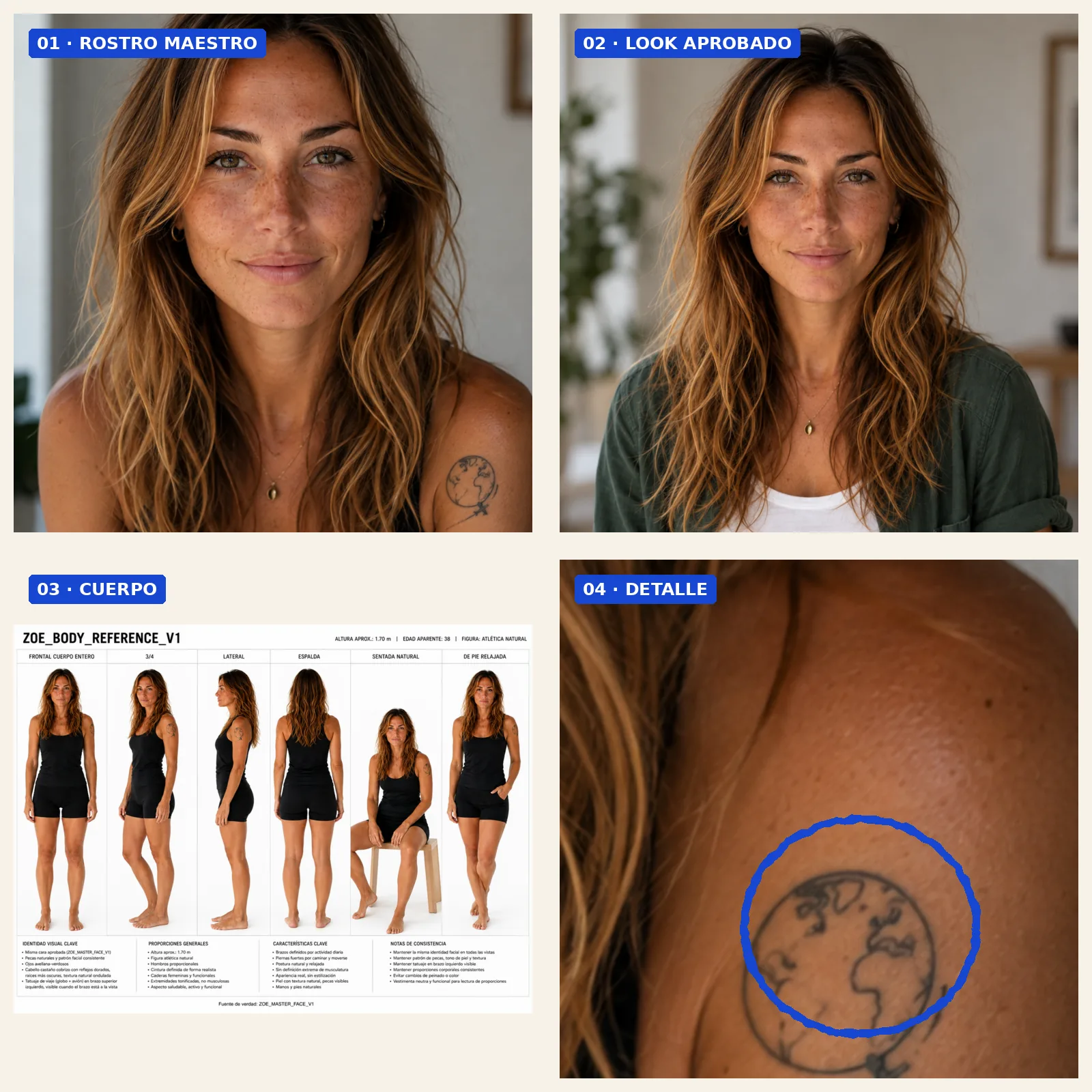 Cuadrícula de referencias aprobadas de Zoe con rostro maestro, look, cuerpo y detalle del tatuaje