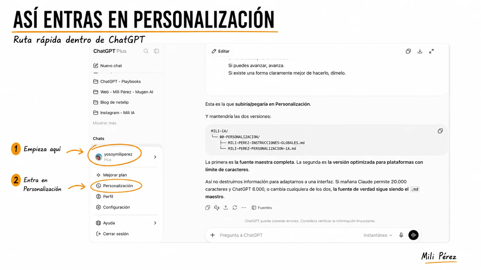Ruta real para abrir Personalización desde el menú de perfil de ChatGPT, señalada con dos pasos.